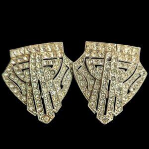 vtg Rhinestone Art Deco Dress  Clips Pair 2.5" Silver-Toned Geometric